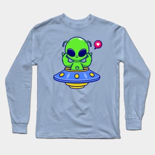 Cute Alien Riding UFO With Love Sign Cartoon Long Sleeve T-Shirt